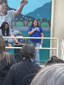 Kari Madden, president of TFESP Local 461, speaks at a rally for Tacoma schools