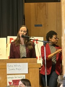 Katie Wilson speaks at the press conference for Parent Education
